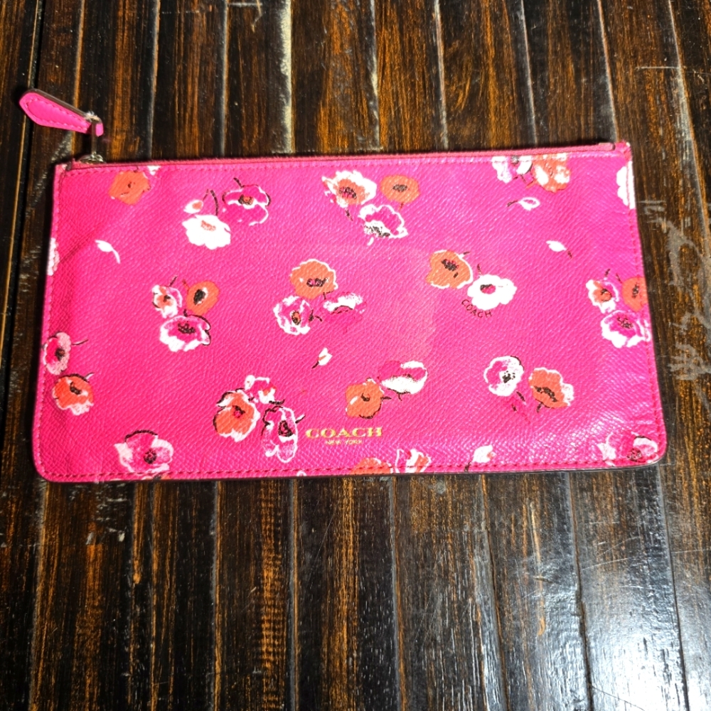 Coach Zipper Pouch Red Pink Floral Zipper Approximately 9.5" x 4.5"